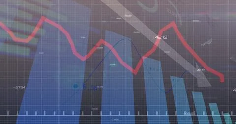 Displaying finance visualization on screen, showing bar charts and red and blue Stock Illustration