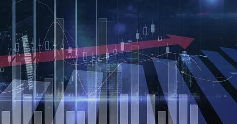 Displaying financial chart with 3D bars, candlesticks, line graphs and red arrow 스톡 사진