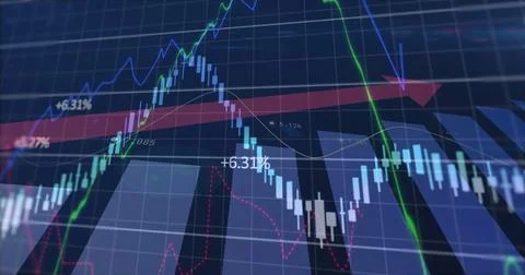 Displaying financial chart on blue grid, with candlestick bars, trend lines and Stock Photos
