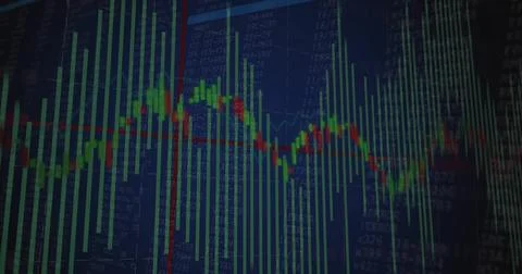 Displaying financial chart centered on dashboard with green bars, candlesticks Stock Photos