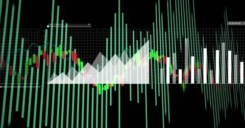 Displaying financial chart centered on screen, showing candlestick, teal Stock Illustration