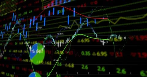 Displaying financial chart on computer screen, with candlestick bars, trend Stock Photos