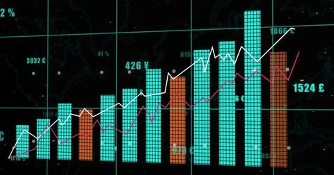 Displaying financial chart on dark dashboard, showing teal orange tiled bars, 스톡 일러스트