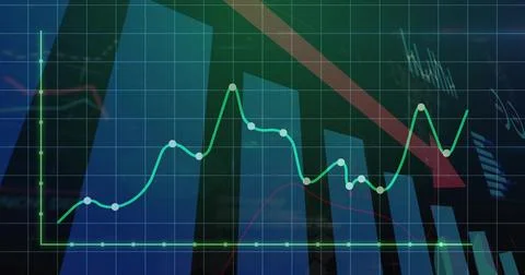 Displaying financial chart on dark grid dashboard, with blue bars, green line, Stock Illustration