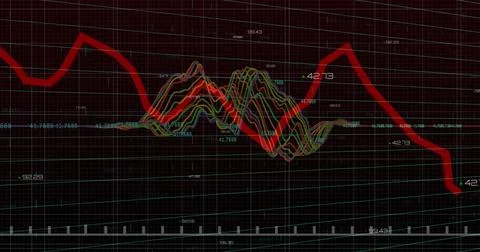 Displaying financial chart on dark grid screen, with red trend line and イラスト素材
