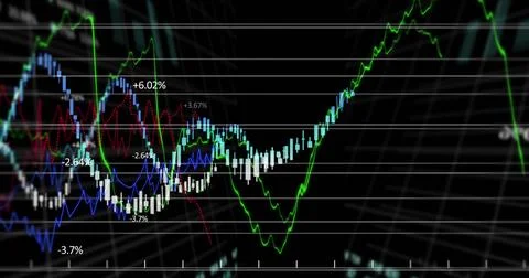 Displaying financial chart on dark grid, showing green trend, blue band, cyan Stock Illustration