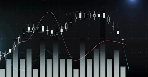 Displaying financial chart on dark trading screen with candlesticks, histogram, Stock Illustration
