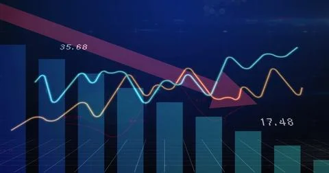 Displaying financial chart at digital interface, with blue bars, two line Stock Illustration