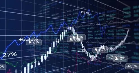 Displaying financial chart featuring candlestick bars and floating callout boxes Stock Illustration