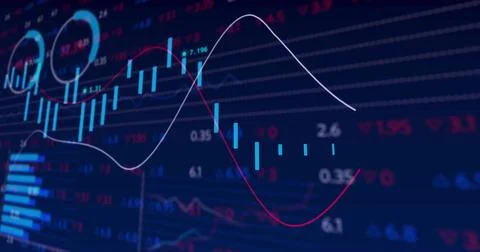 Displaying financial chart interface on trading display, with candlestick bars Stock Illustration