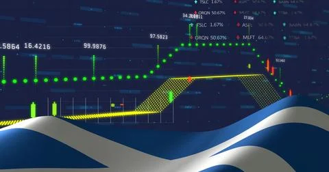 Displaying financial chart on navy dashboard, with candlesticks, dotted green Stock Illustration
