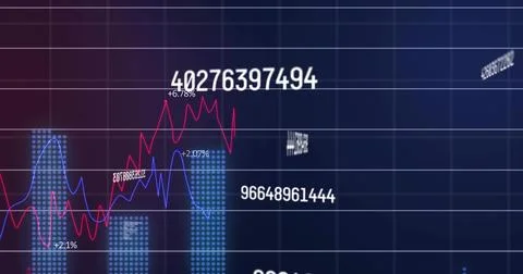 Displaying financial chart on navy screen, showing red and blue trend lines, Stock Illustration