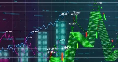 Displaying financial chart on platform, with candlesticks, area, line graphs, Illustrazione stock
