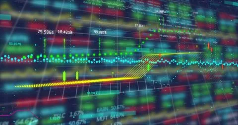 Displaying financial chart on screen with candlestick bars, dotted line, arrow 스톡 사진