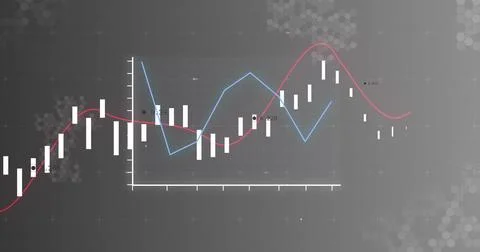 Displaying financial chart on screen with candlesticks, blue and red lines, Illustrazione stock