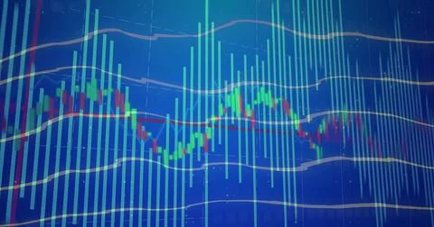 Displaying financial chart showing red green candlesticks, cyan volume bars,  Stock Illustration