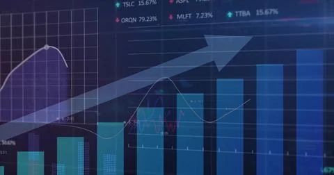 Displaying financial chart tracing rising blue bars and line graphs on screen, Stock Illustration