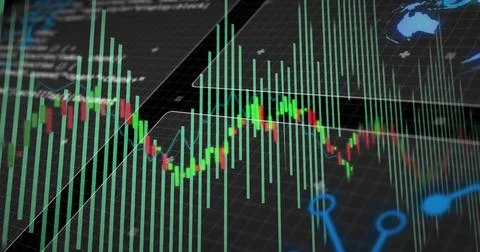Displaying financial chart on trading dashboard, showing green bar spikes and Stock Illustration