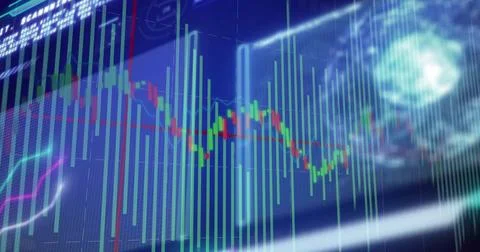 Displaying financial chart on trading desk monitor, showing candlestick bars and Stock Illustration