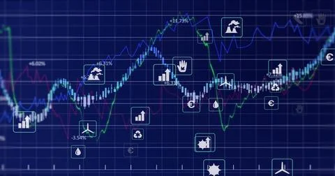 Displaying financial chart on trading display with blue green magenta lines c Stock Illustration