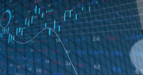 Displaying financial chart on trading interface, with candlesticks, trend lines, Stock Photos