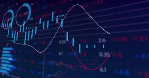 Displaying financial chart at trading screen, with blue candlestick bars, white Stock Illustration
