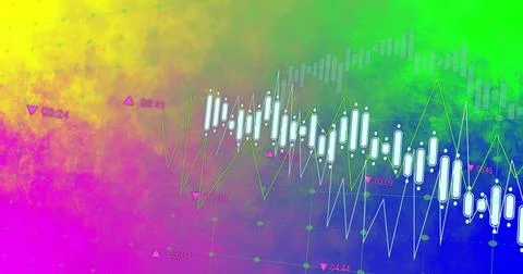 Displaying financial chart visual on multicolor gradient, with white candles and Foto stock