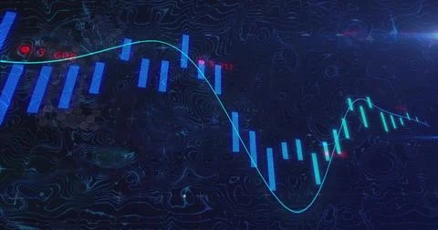 Displaying financial chart visualization on dark screen, showing blue bars, cyan Stock Photos