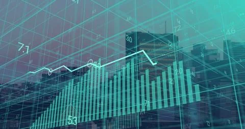 Displaying financial dashboard with 3D grid over city skyline, teal bar chart Stock Illustration