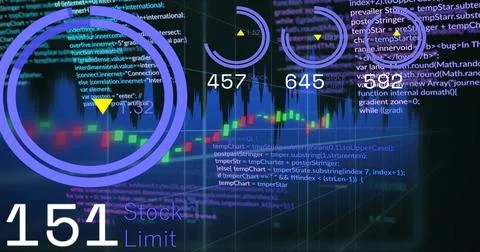 Displaying financial dashboard with candlestick chart, glowing trendline and HUD Stock Photos