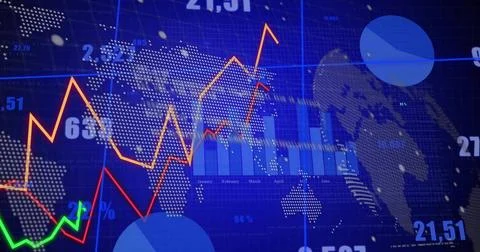 Displaying financial dashboard with colored line and bar charts, world map and Stock Illustration