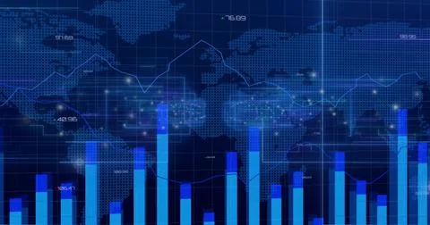 Displaying financial dashboard on desktop screen with vertical bars, line gra Stock Illustration