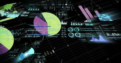 Displaying financial dashboard on grid interface, with pie charts bar graphs Stockillustratie