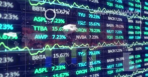 Displaying financial dashboard on screen with scrolling tickers, percent values Stock Illustration