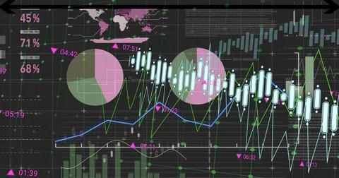 Displaying financial dashboard showing data on black grid, with line, bar and Stock Illustration