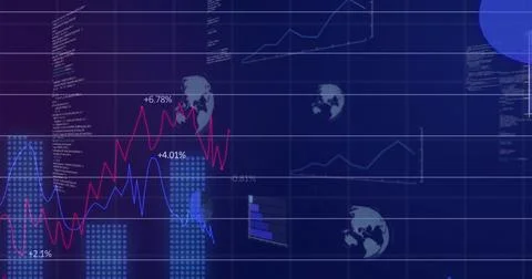 Displaying financial dashboard showing red and blue line graphs with percentages イラスト素材