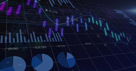Displaying financial dashboard on tilted screen with candlestick, line graphs Stock Illustration