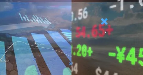 Displaying financial data amid clouds, with bar charts, trend lines, numeric  스톡 사진