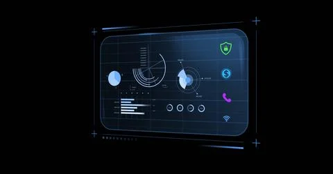 Displaying financial data and security icons, digital dashboard on futuristic 스톡 사진