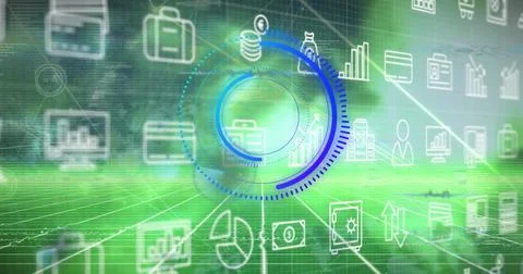 Displaying financial data and technology icons, futuristic digital interface in Stock Photos