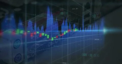 Displaying financial data with candlestick charts, area charts and grid lines on Stock Illustration