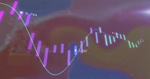 Displaying financial data chart at virtual dashboard, with purple and teal bars Stock Illustration