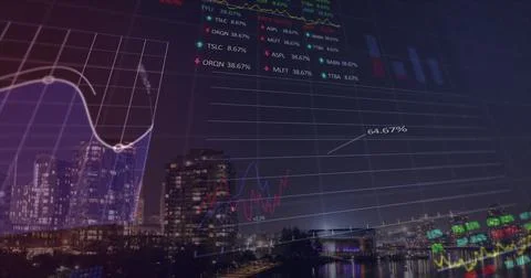 Displaying financial data flowing over waterfront at night, with line graphs bar Stock Photos
