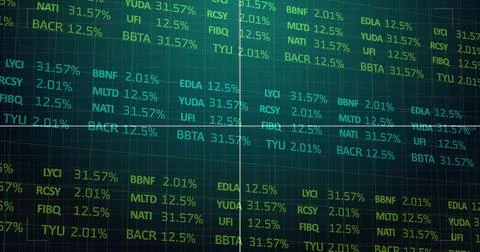 Displaying financial data grid on trading screen, with ticker codes, percenta Stock Illustration