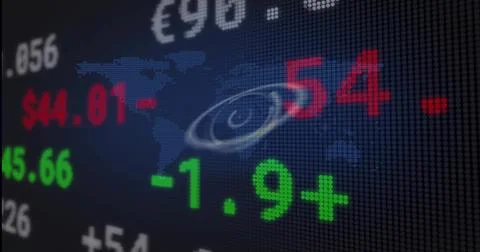 Displaying financial data on office screen, with pixelated tickers, world map Illustrazione stock