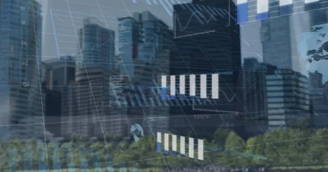 Displaying financial data overlay over skyline with bar and line charts, globe Foto stock