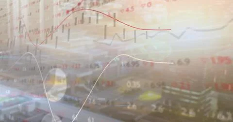 Displaying financial data overlay over apron with vehicles, candlestick bars and Stock Photos