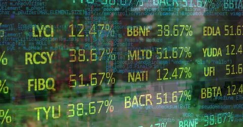 Displaying financial data overlay spanning blurred urban park background, with Stock Photos