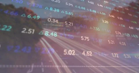 Displaying financial data overlaying highway light trails at dusk, with trees, Stock Illustration