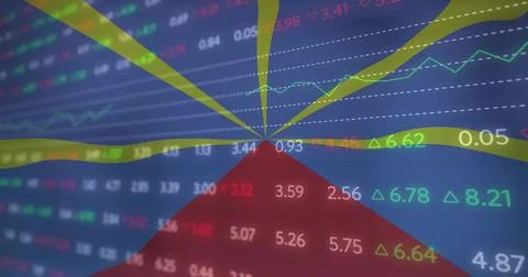 Displaying financial data radiating colored ribbons on screen, with overlaid 스톡 일러스트